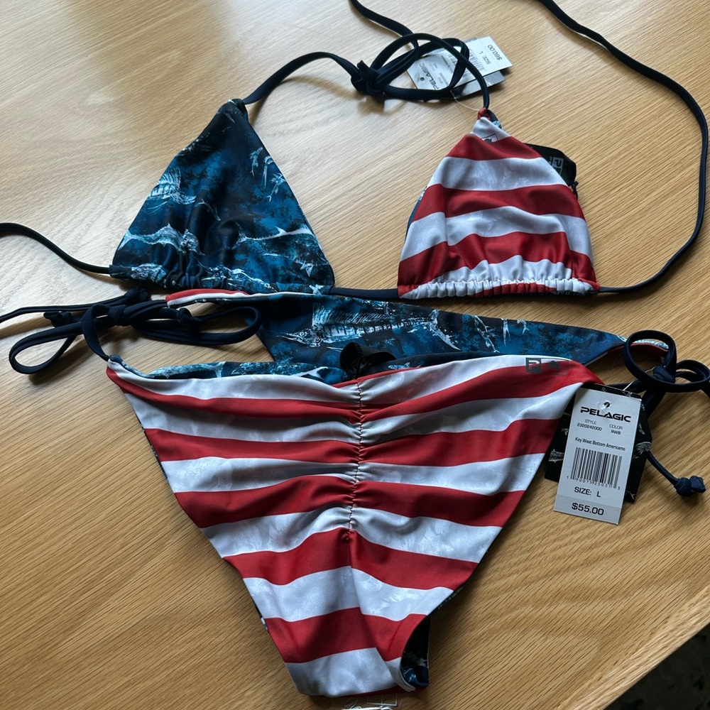 Pelagic Red White and Blue Striped Bikini. Reversible beach wear.